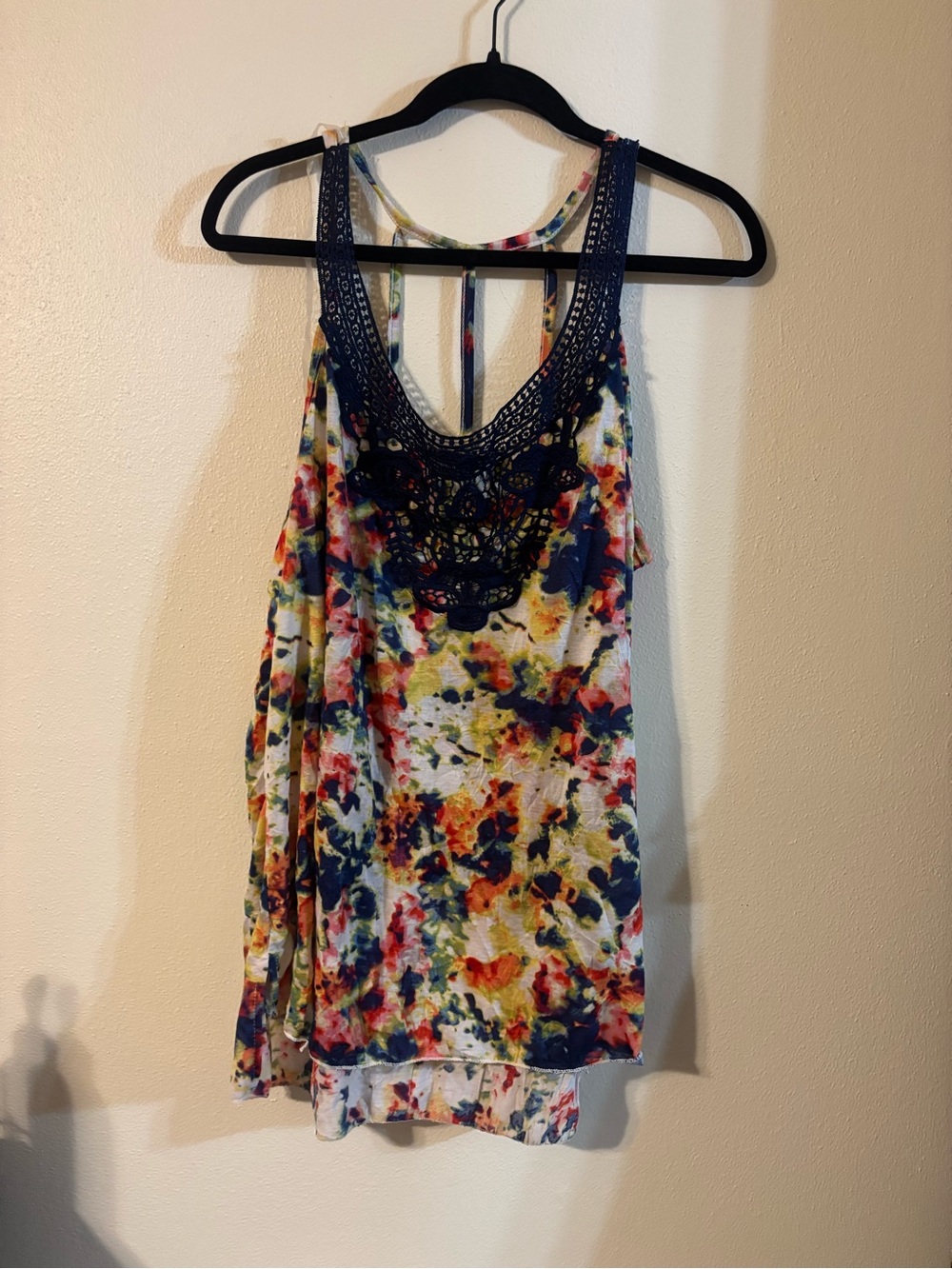 French Laundry Multicolor Floral Tank with Navy Crochet Yoke